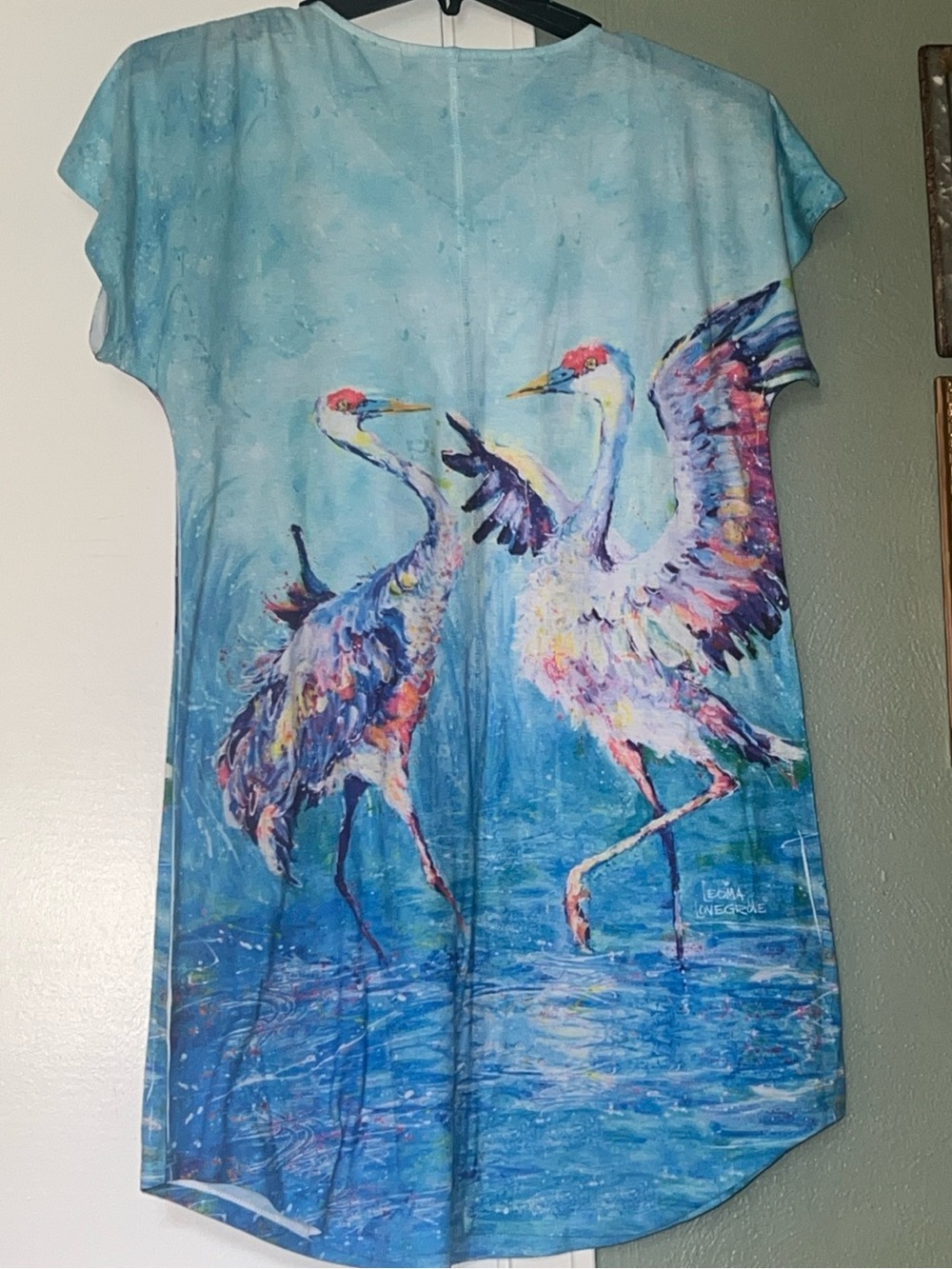 Leoma Lovegrove Sandhill Cranes Satin VNECK 2buttons dress coverup M-LG? EUC Fun
